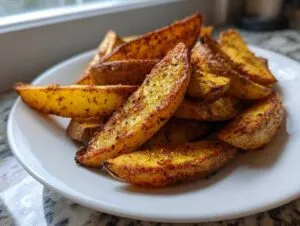 A close-up of perfectly seasoned and crispy air fryer potato wedges piled high on a white plate.