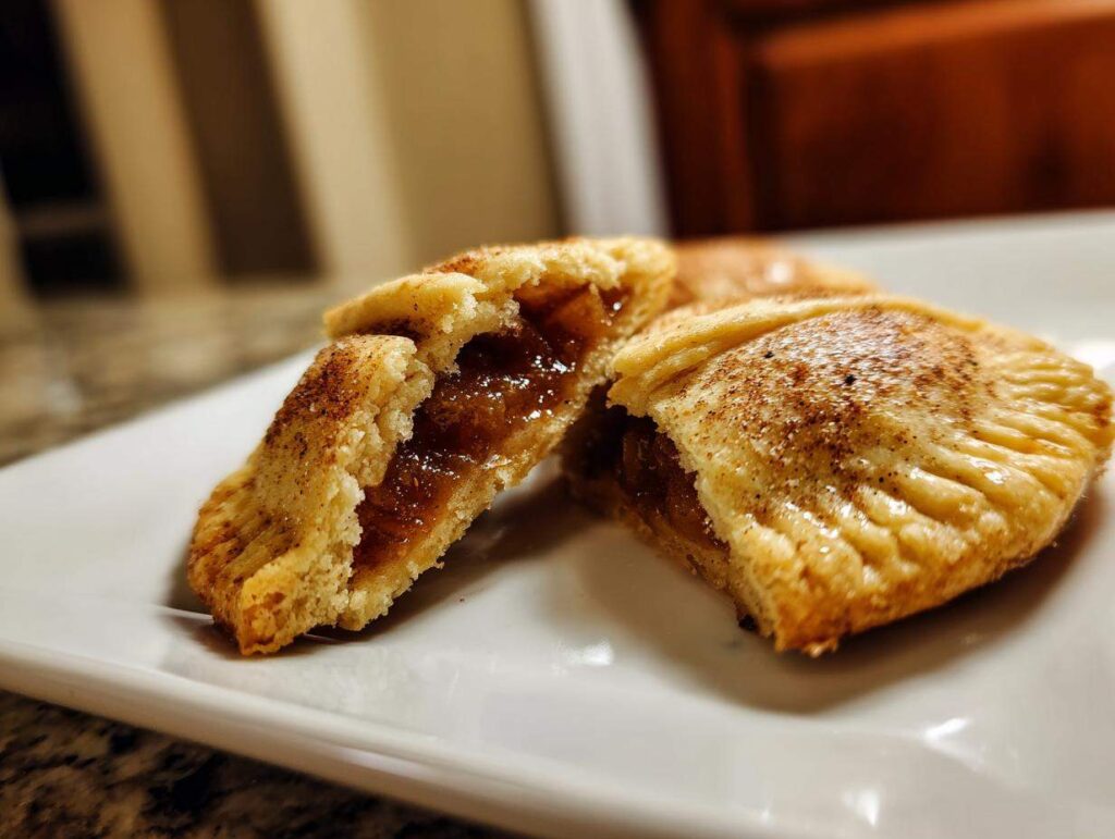 Two amazing apple pie cookies, one cut in half showing gooey apple filling, dusted with cinnamon.