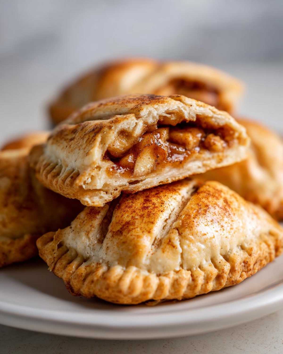 Close-up of amazing apple pie cookies, one cut open showing spiced apple filling inside flaky pastry.