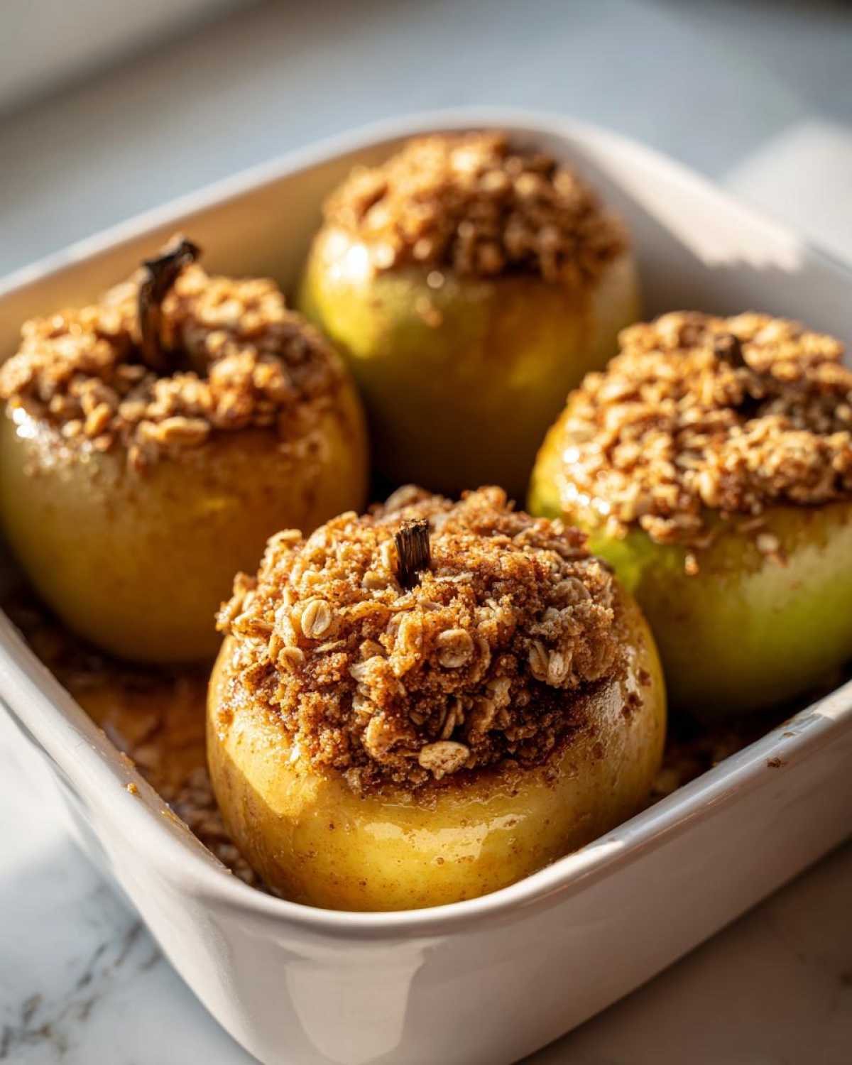 Four golden baked apples topped generously with a brown sugar and oat crumble filling.