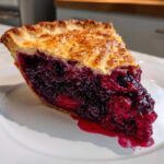 A thick slice of homemade berry pie showing a rich, dark purple filling and flaky, golden-brown top crust.