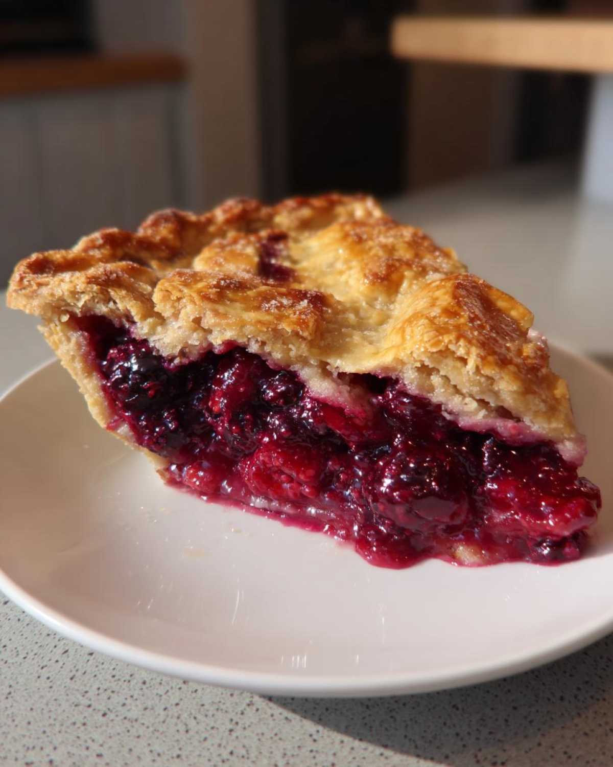 A close-up of a thick slice of berry pie showing a flaky, golden crust and a rich, deep red berry filling.