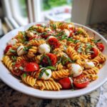 A white bowl filled with amazing caprese pasta salad featuring fusilli, cherry tomatoes, mozzarella balls, and fresh basil.