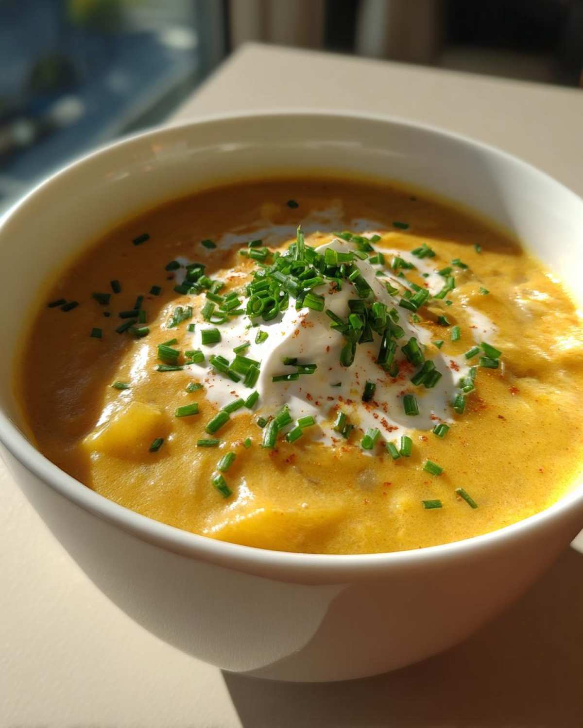 Close-up of a rich, orange-yellow cheese soup topped with sour cream, chives, and paprika.