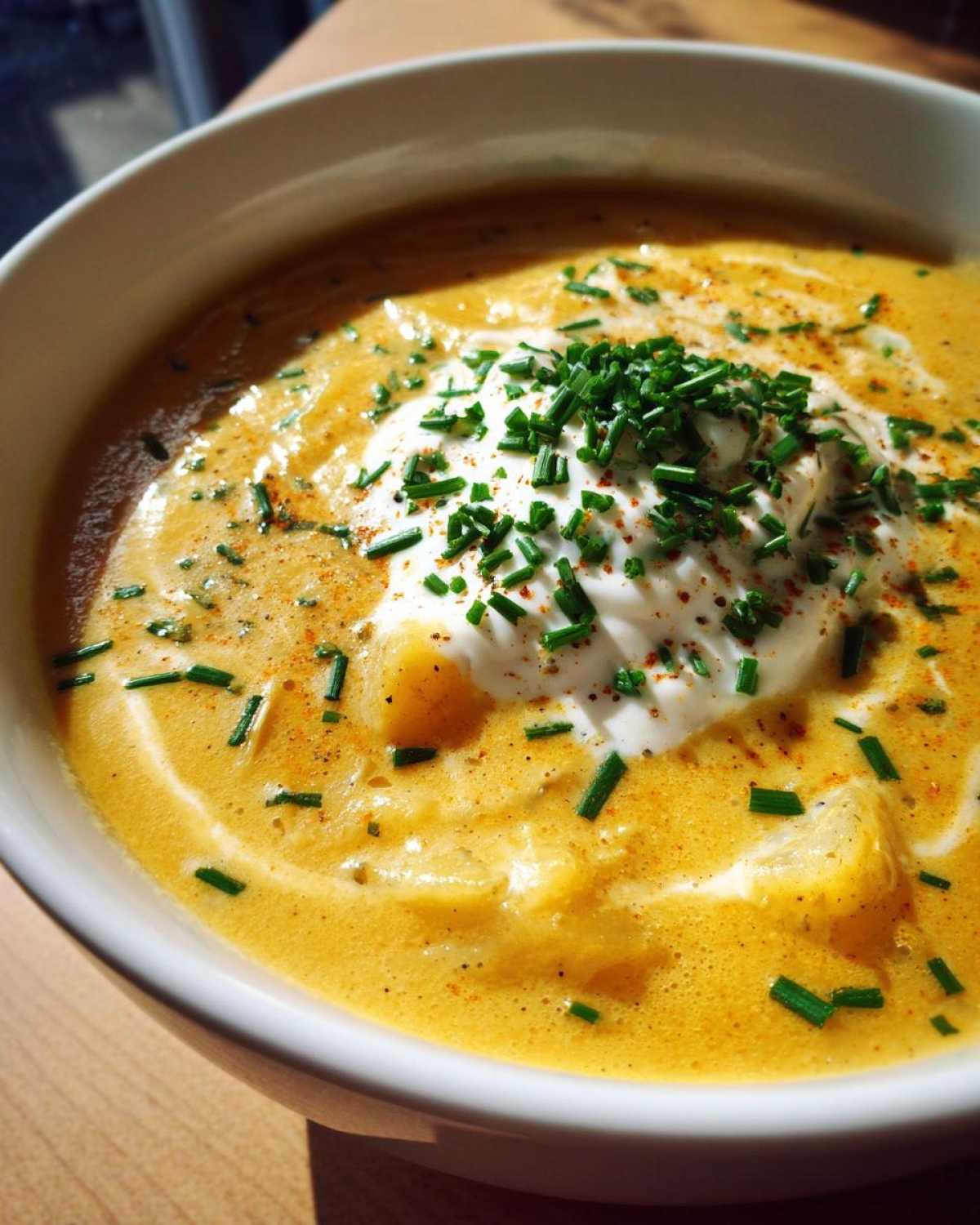 Close-up of a rich, yellow cheese soup topped with a dollop of sour cream and fresh chives.