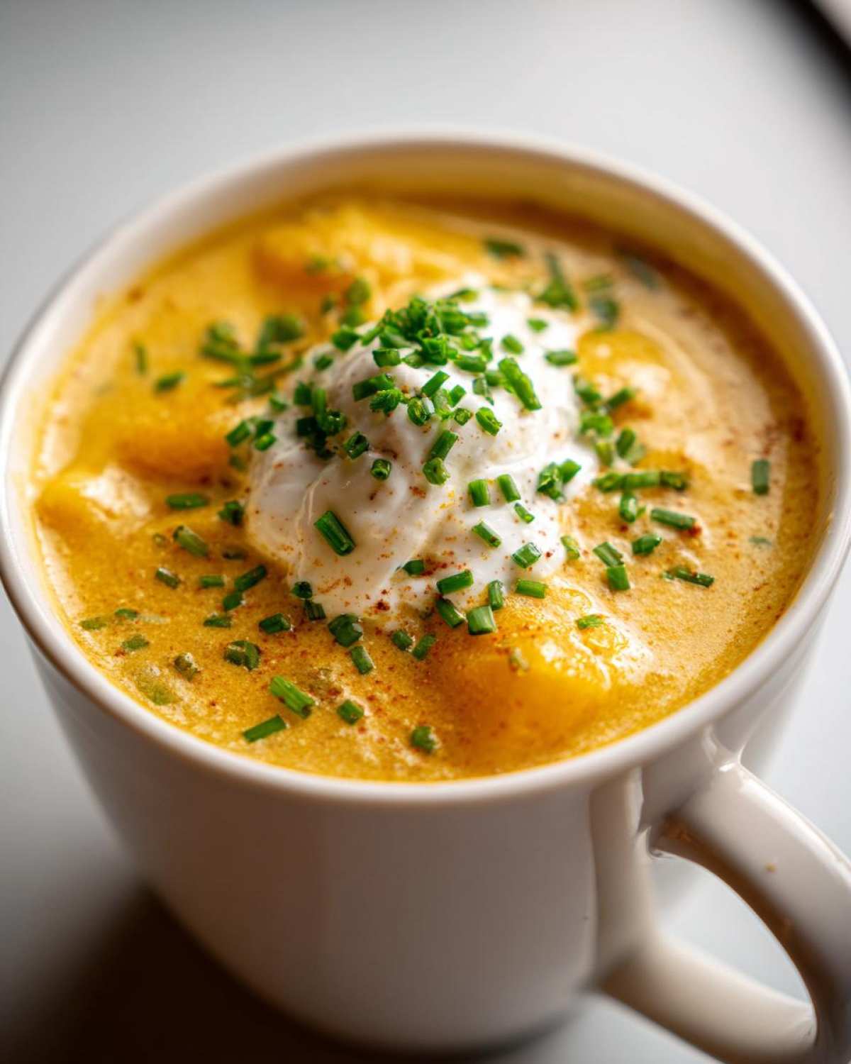 Close-up of a steaming bowl of bright orange cheese soup topped with sour cream and fresh chives.
