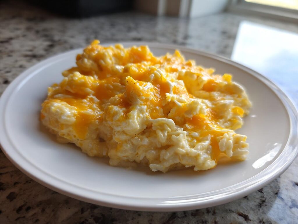 A serving of creamy, cheesy rice topped with melted cheddar cheese on a white plate.