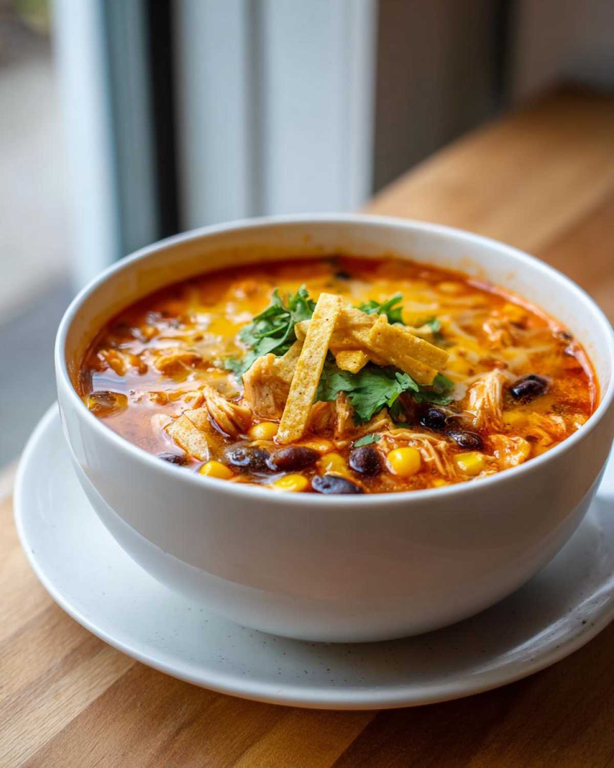 A close-up of a white bowl filled with rich chicken tortilla soup, topped with cheese, cilantro, and crispy tortilla strips.