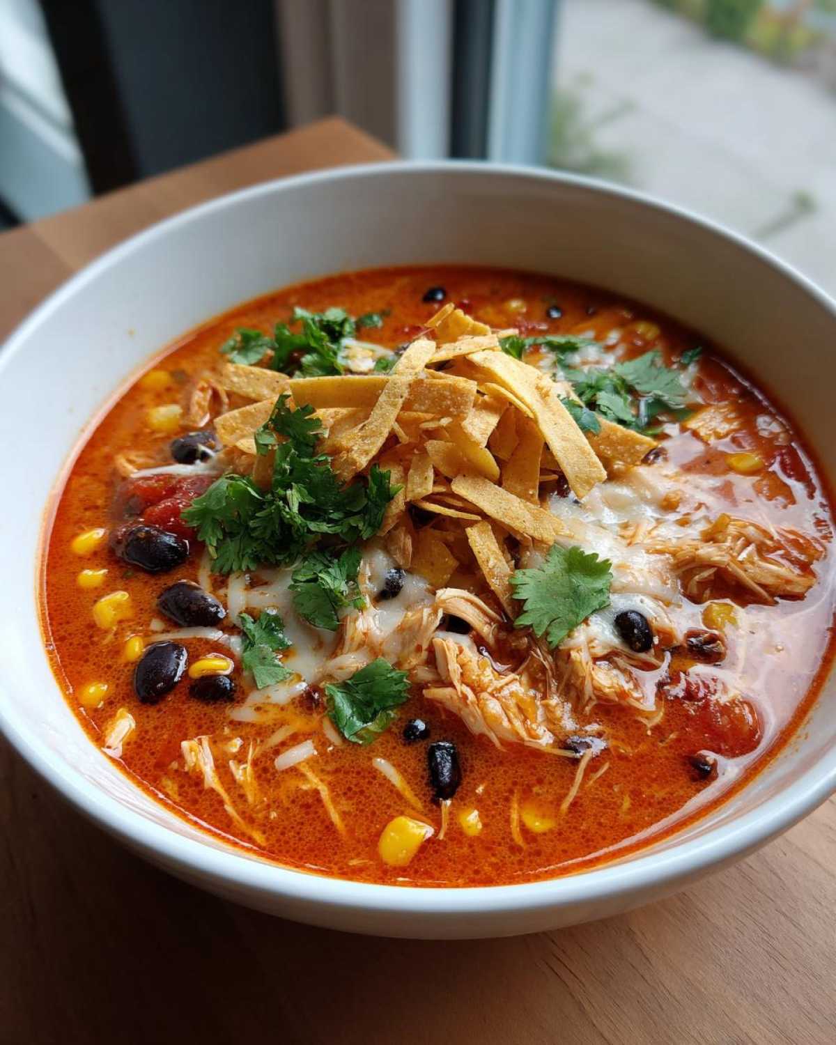 Close-up of a white bowl filled with rich, red chicken tortilla soup, topped with shredded chicken, black beans, corn, cheese, cilantro, and tortilla strips.