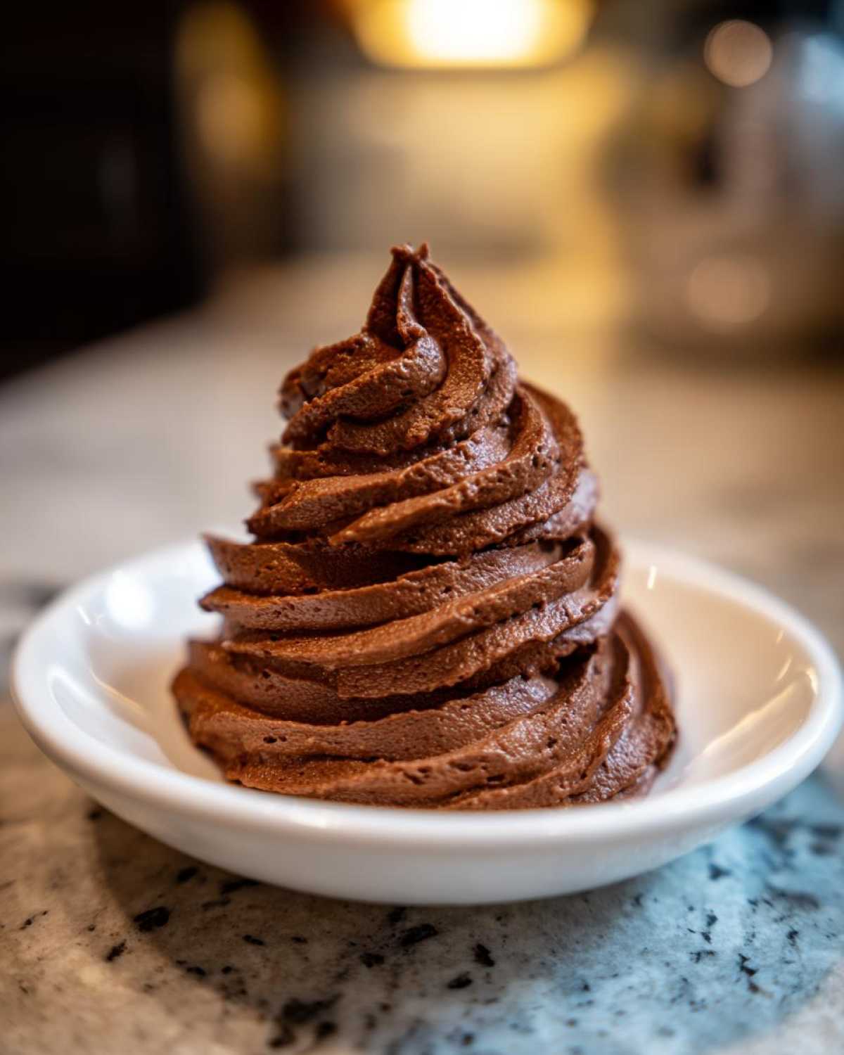 A perfectly piped swirl of rich, dark chocolate frosting in a small white bowl.