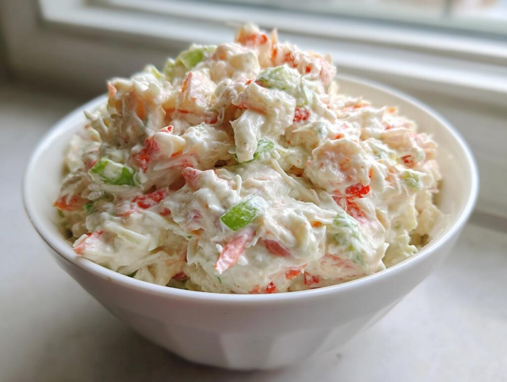 A close-up of creamy, chunky crab salad mixed with red and green ingredients in a white bowl.