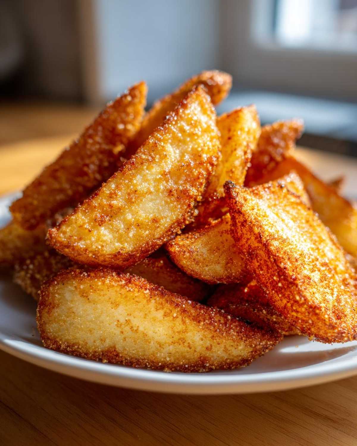 Close-up of a pile of golden brown, crispy seasoned potato wedges served on a white plate.