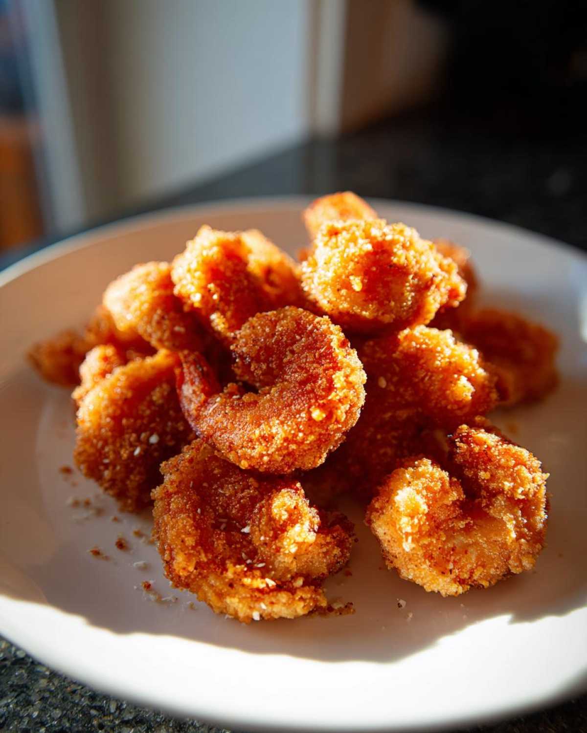 A close-up, sunlit shot of a pile of golden brown, crispy fried shrimp on a white plate.