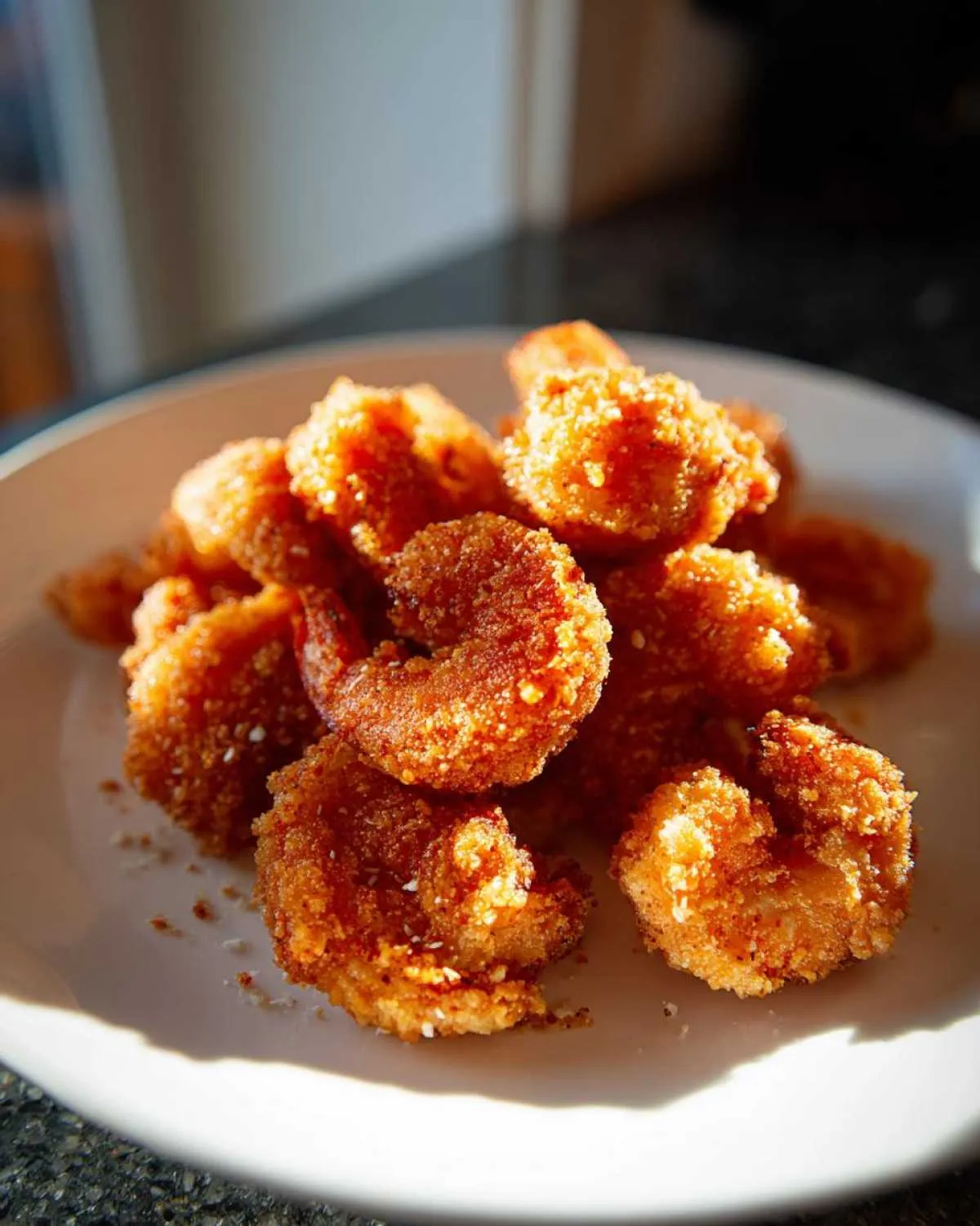 A close-up, sunlit shot of a pile of golden brown, crispy fried shrimp on a white plate.