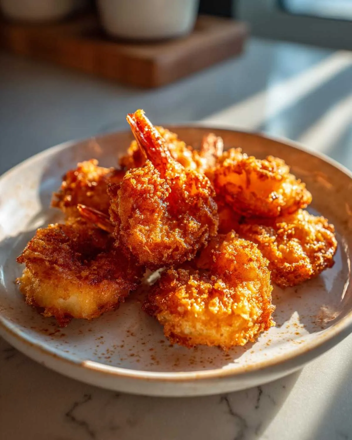 A close-up of golden brown, crispy fried shrimp piled on a speckled ceramic plate, showcasing the crunchy coating.