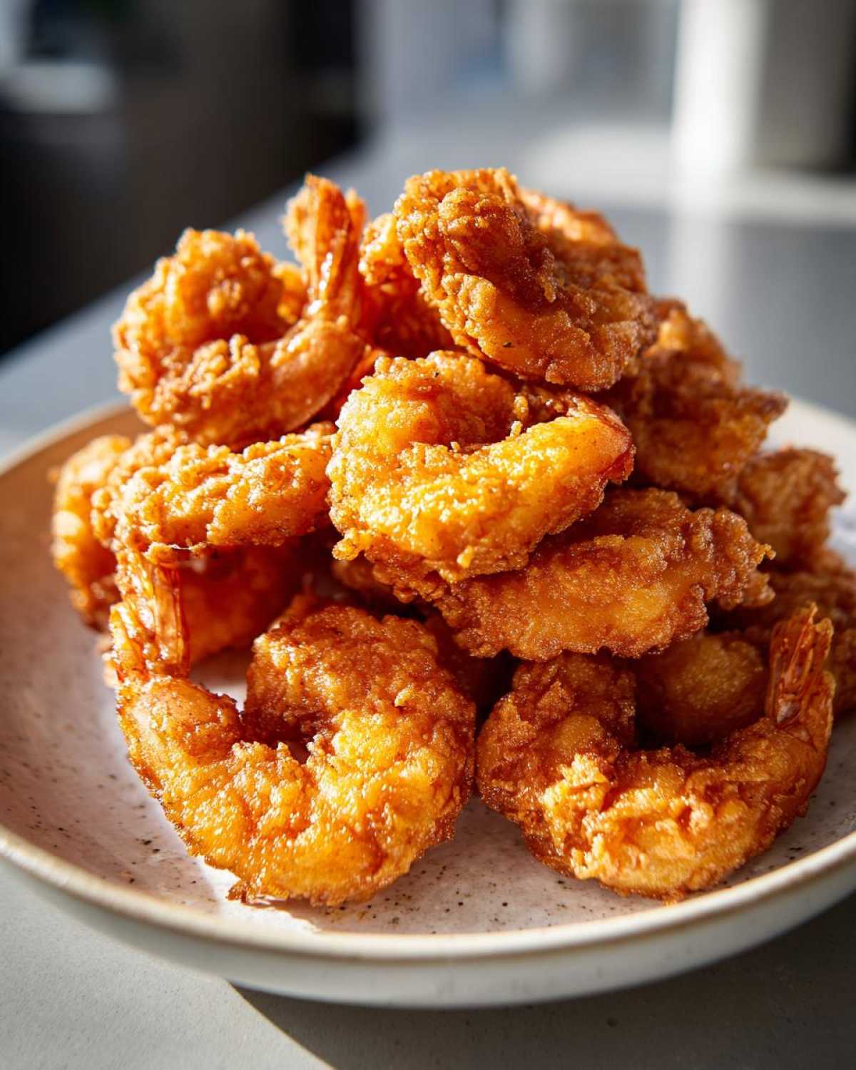 A close-up pile of perfectly golden, crispy fried shrimp with tails on, ready to eat.