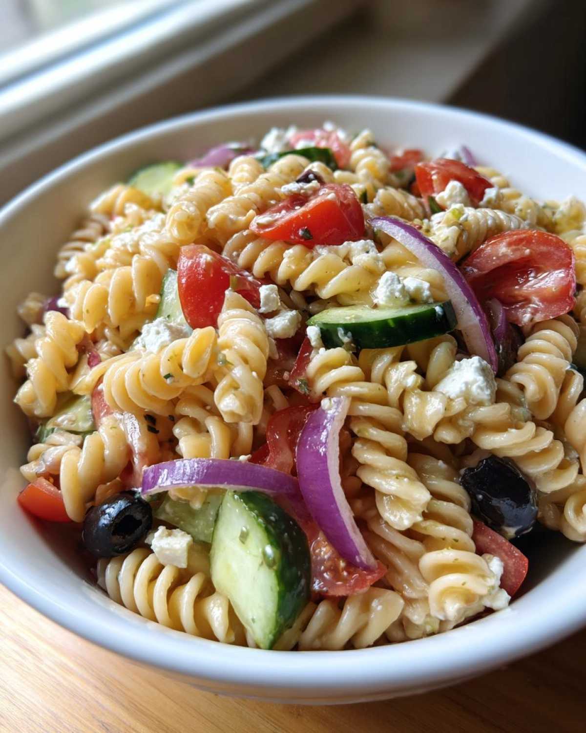 Close-up of a white bowl filled with amazing greek pasta salad featuring rotini, tomatoes, cucumbers, feta, and red onion.