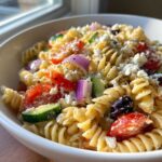 Close-up of a vibrant greek pasta salad featuring rotini pasta, feta cheese, tomatoes, cucumber, and olives.