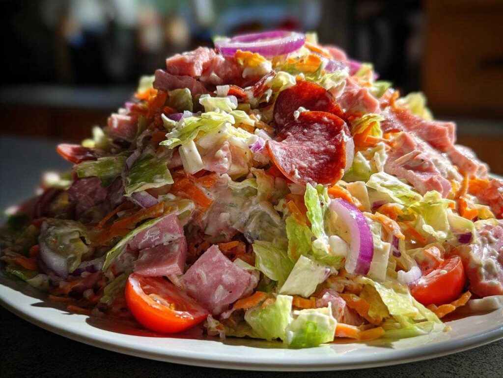 A massive mound of creamy grinder salad featuring chopped lettuce, carrots, ham, pepperoni, red onion, and tomatoes.
