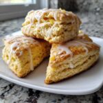 A stack of four freshly baked, flaky scones drizzled with white lemon glaze and topped with zest.