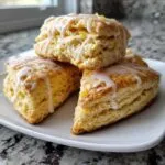 A stack of four freshly baked, flaky scones drizzled with white lemon glaze and topped with zest.