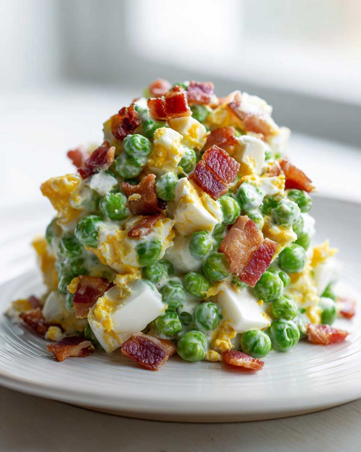 A mound of creamy pea salad mixed with chopped hard-boiled eggs and topped generously with crispy bacon pieces.