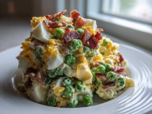 A mound of creamy pea salad mixed with cheese, hard-boiled eggs, and topped generously with crispy bacon bits.