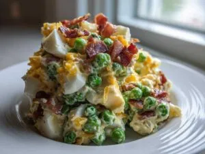 A mound of creamy pea salad mixed with cheese, hard-boiled eggs, and topped generously with crispy bacon bits.