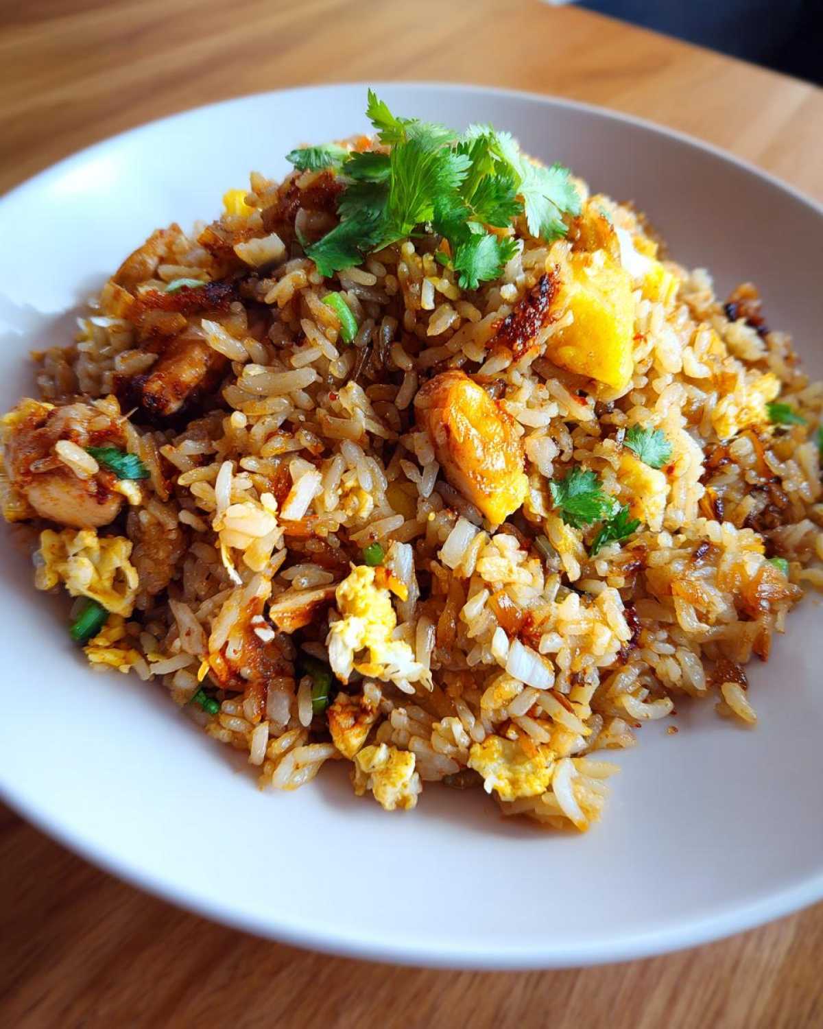 Close-up of a white bowl filled with flavorful pineapple fried rice, visible chunks of pineapple, egg, and topped with fresh cilantro.