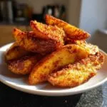 A close-up of a pile of golden, crispy seasoned potato wedges served on a white plate.