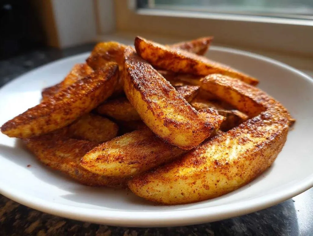 A close-up of a pile of perfectly seasoned and crispy potato wedges served on a white dish.