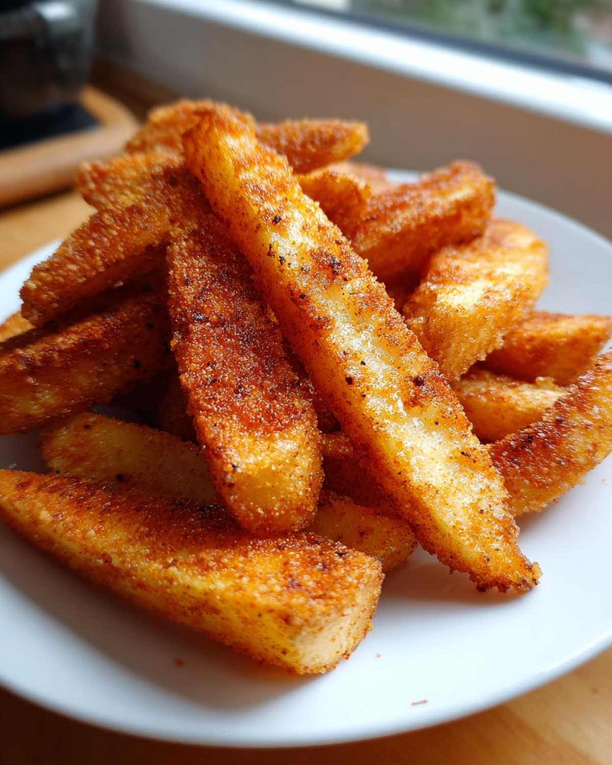 A close-up of golden, crispy seasoned potato wedges piled high on a white plate.