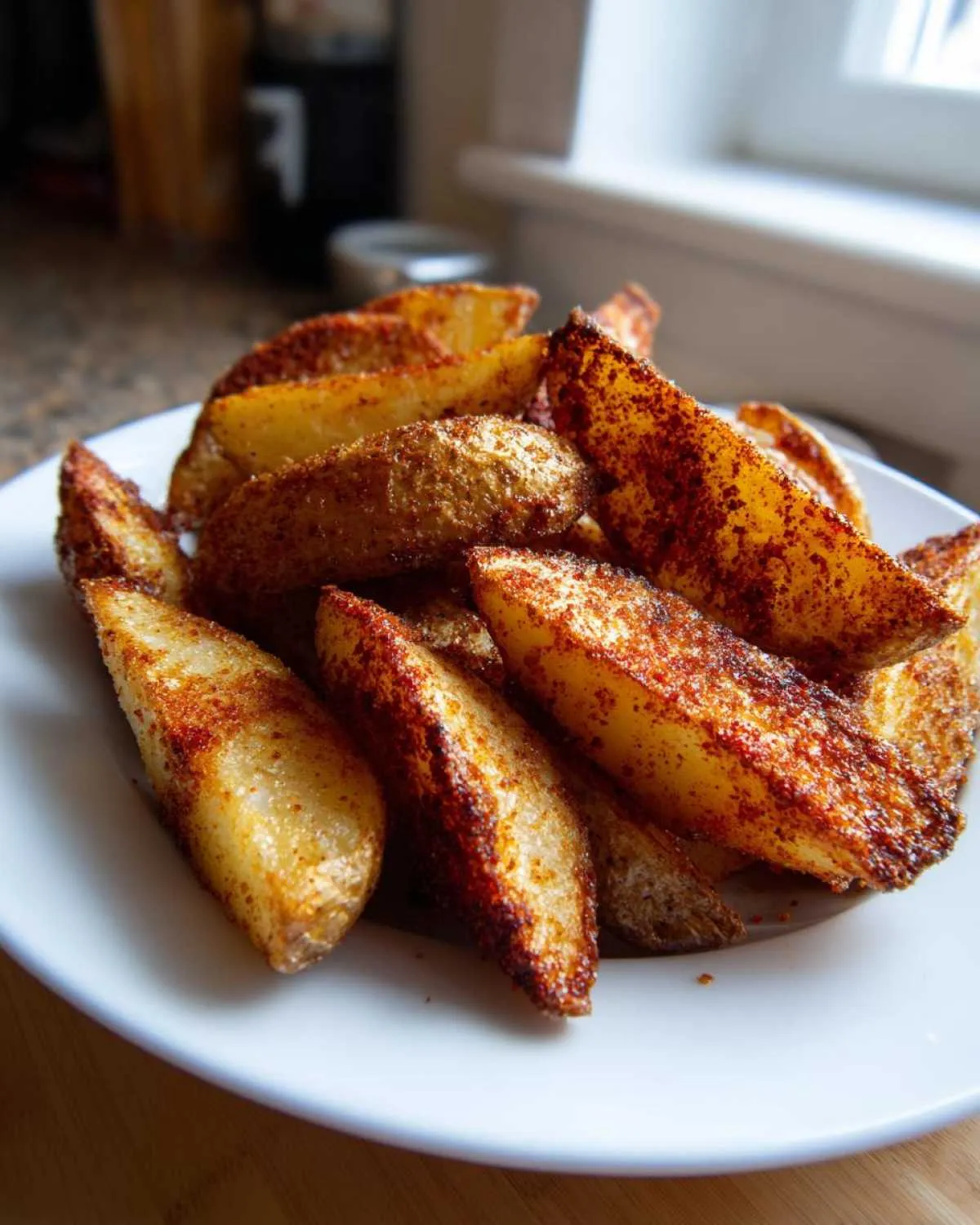A close-up of perfectly crisp, seasoned potato wedges piled high on a white plate.
