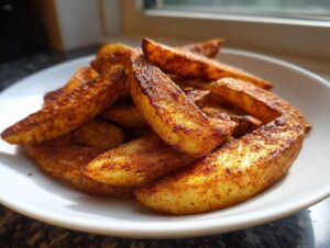 A close-up of a pile of perfectly seasoned and crispy potato wedges served on a white dish.