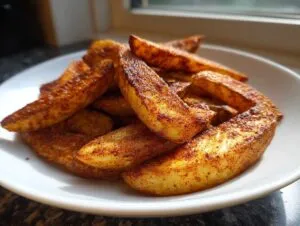 A close-up of a pile of perfectly seasoned and crispy potato wedges served on a white dish.