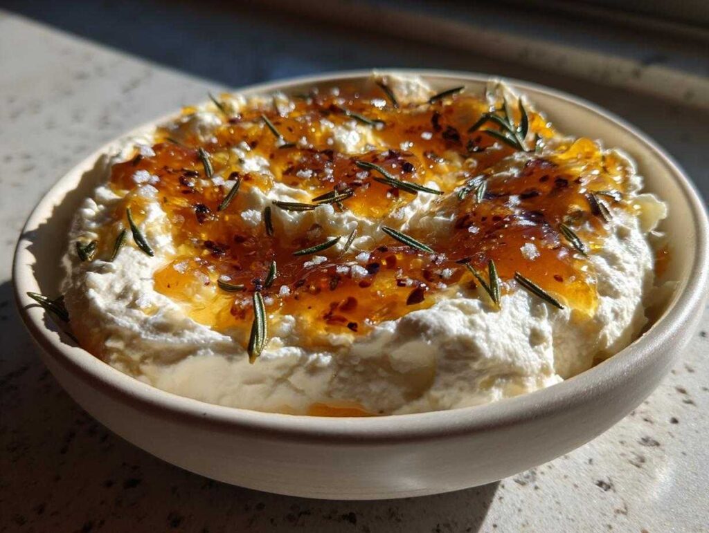 Close-up of creamy ricotta dip topped with golden honey, rosemary sprigs, and flaky salt.