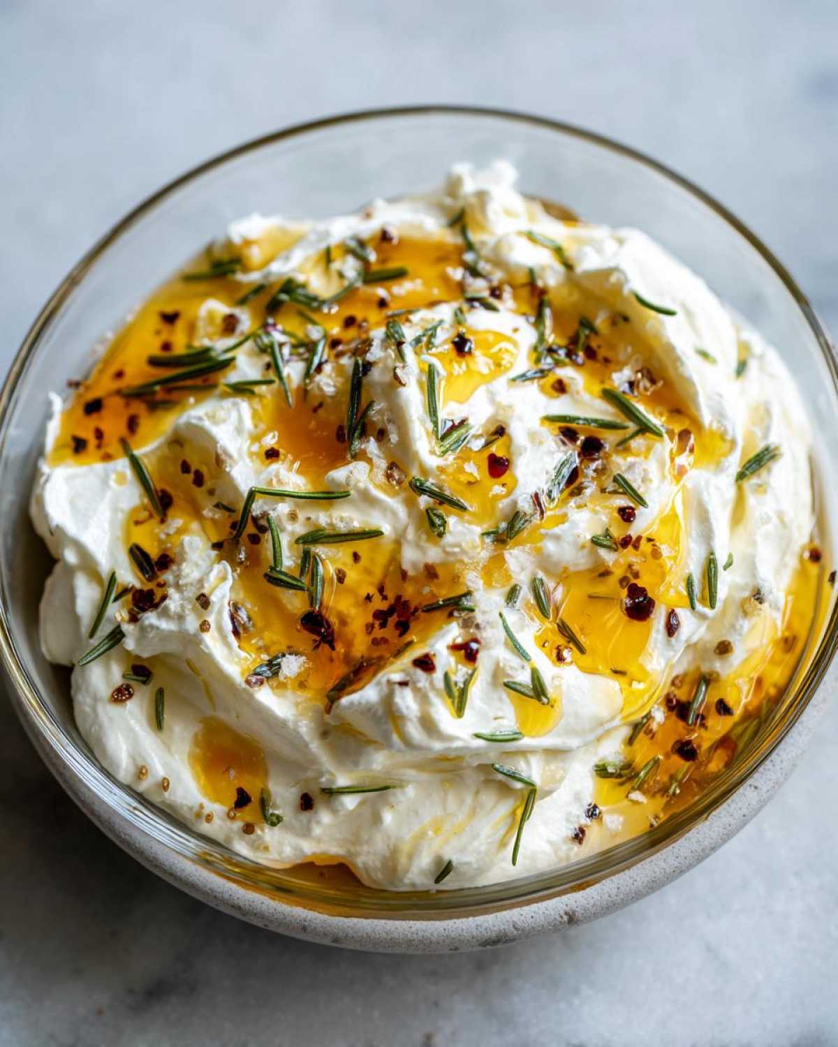 A creamy bowl of homemade ricotta dip drizzled with golden honey, fresh rosemary, and chili flakes.