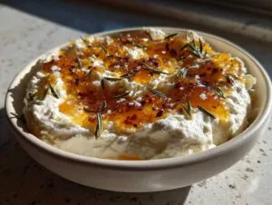 Close-up of creamy ricotta dip topped with golden honey, rosemary sprigs, and flaky salt.