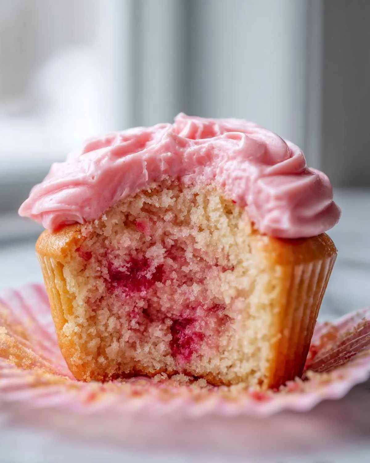 Close-up of a strawberry cupcake cut in half showing moist cake, visible strawberry pieces, and pink frosting.