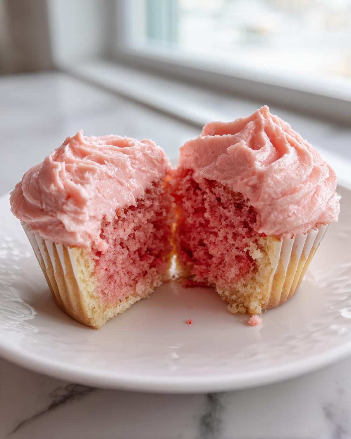A strawberry cupcake cut in half showing the moist, pink crumb and pink frosting.