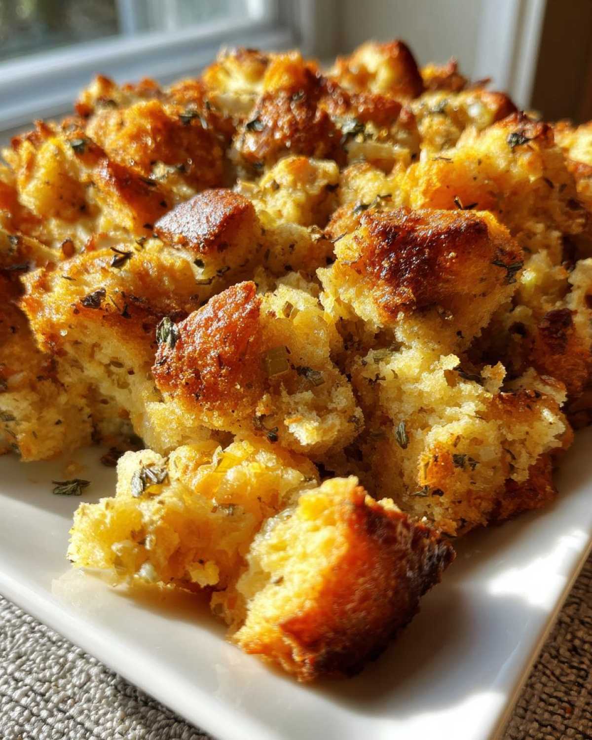 Close-up of golden-brown baked stuffing cubes sprinkled with green herbs, served on a white dish.