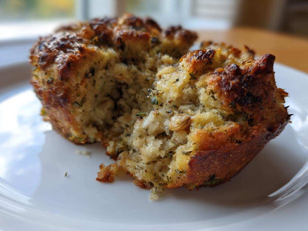 A close-up of a golden-brown, herb-filled stuffing muffin broken open on a white plate.