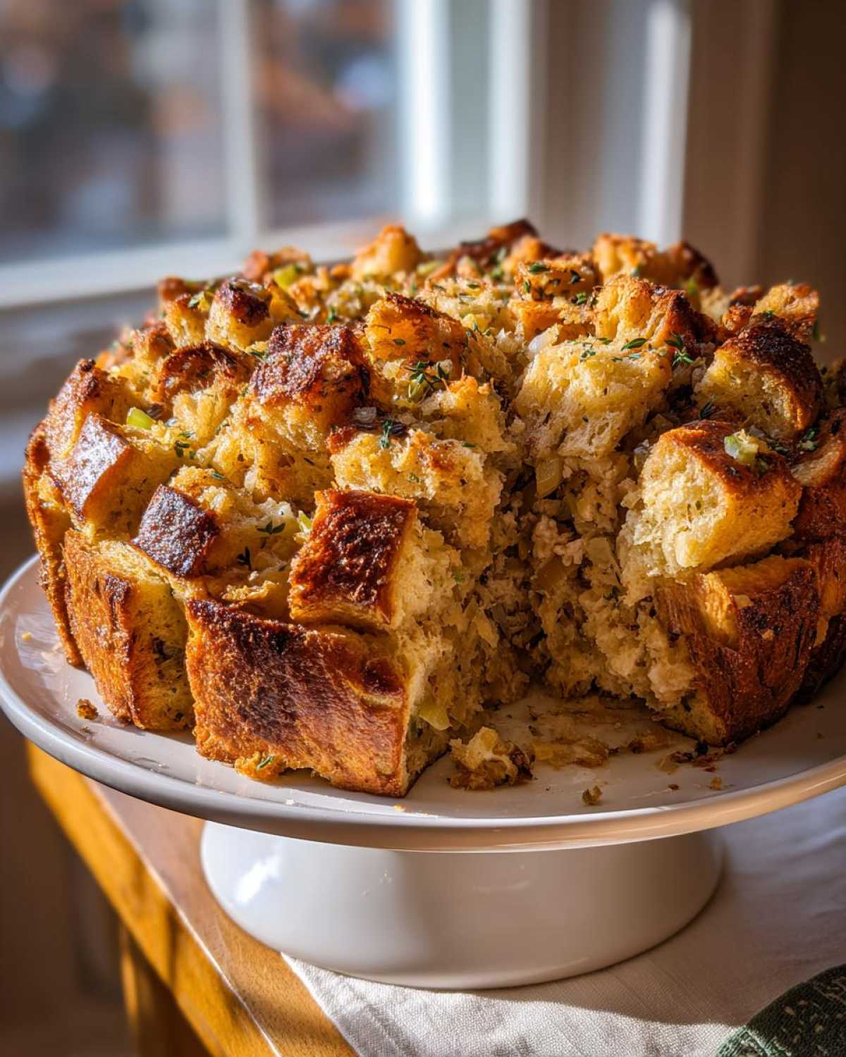 A golden-brown, pull-apart loaf of baked stuffing served on a white cake stand.