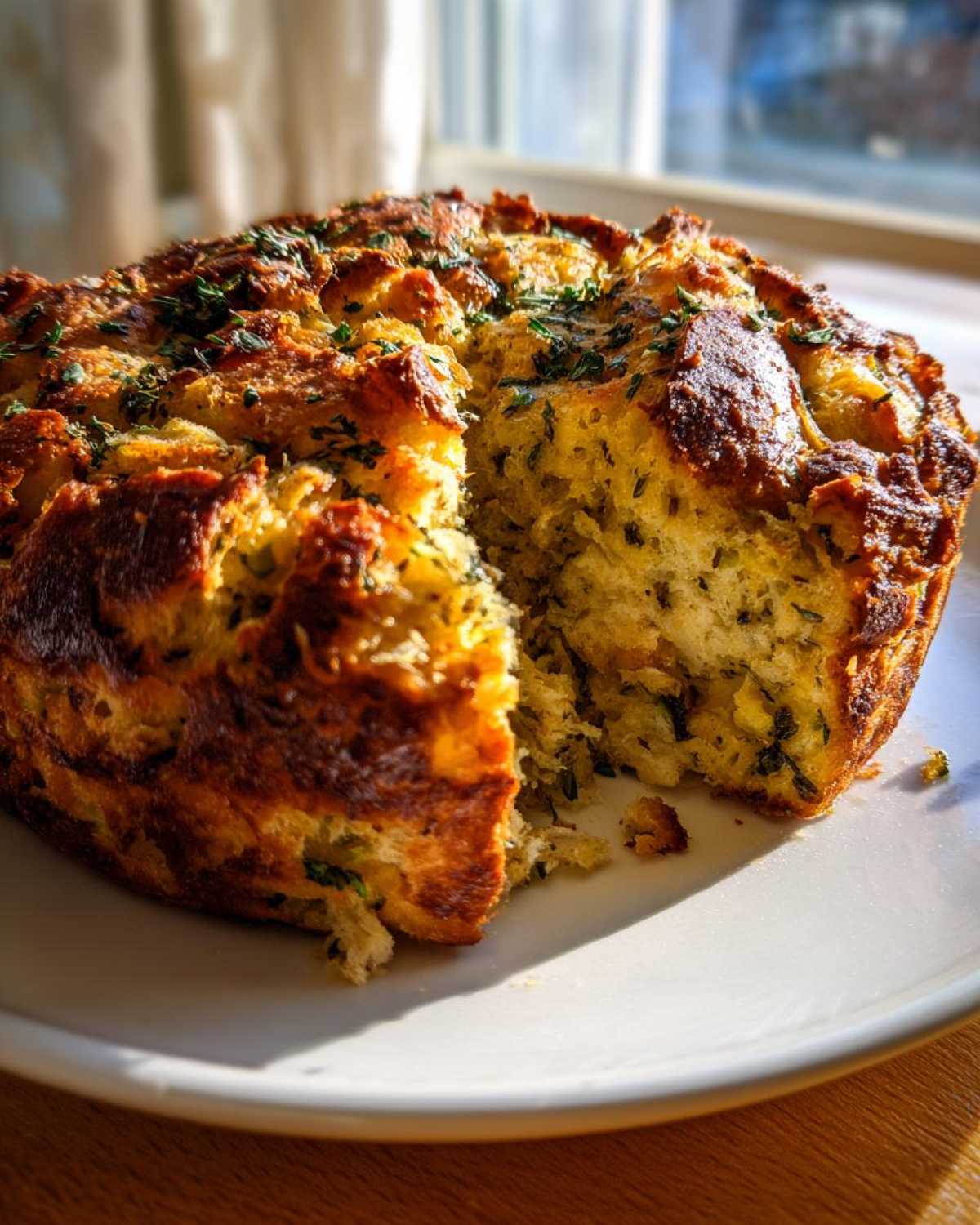 A golden-brown, baked loaf of savory stuffing with visible herbs, cut to show the soft interior.