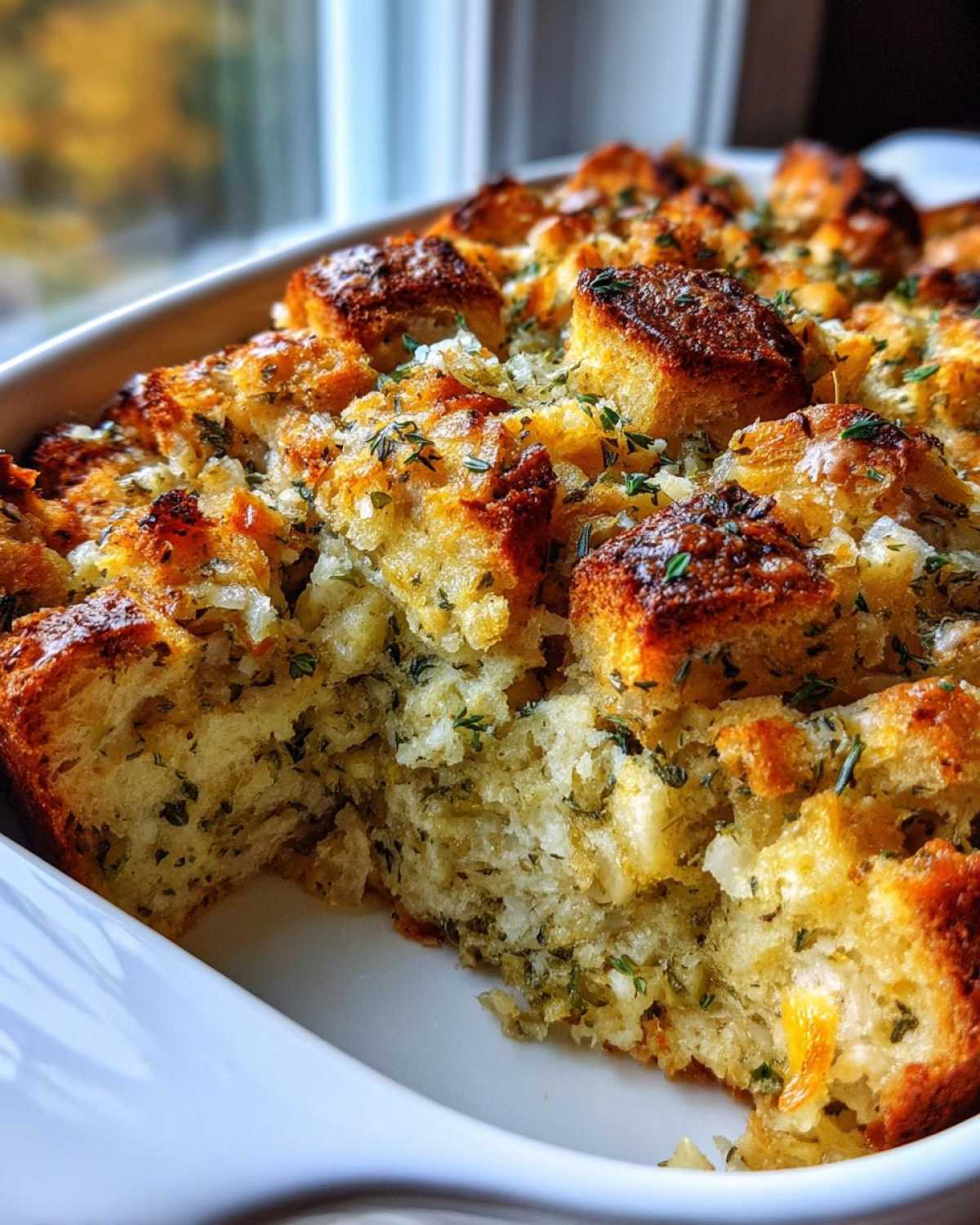 Close-up of a golden brown, savory stuffing recipe with herbs, showing a section removed from the white baking dish.