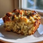 A close-up, golden-brown slice of savory stuffing baked in a loaf, topped with herbs.