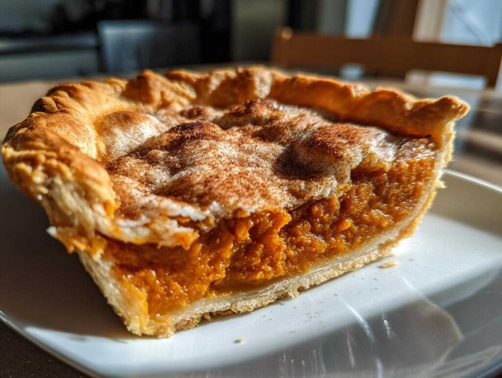 A close-up slice of amazing sweet potato cobbler showing the rich orange filling and flaky crust dusted with cinnamon.