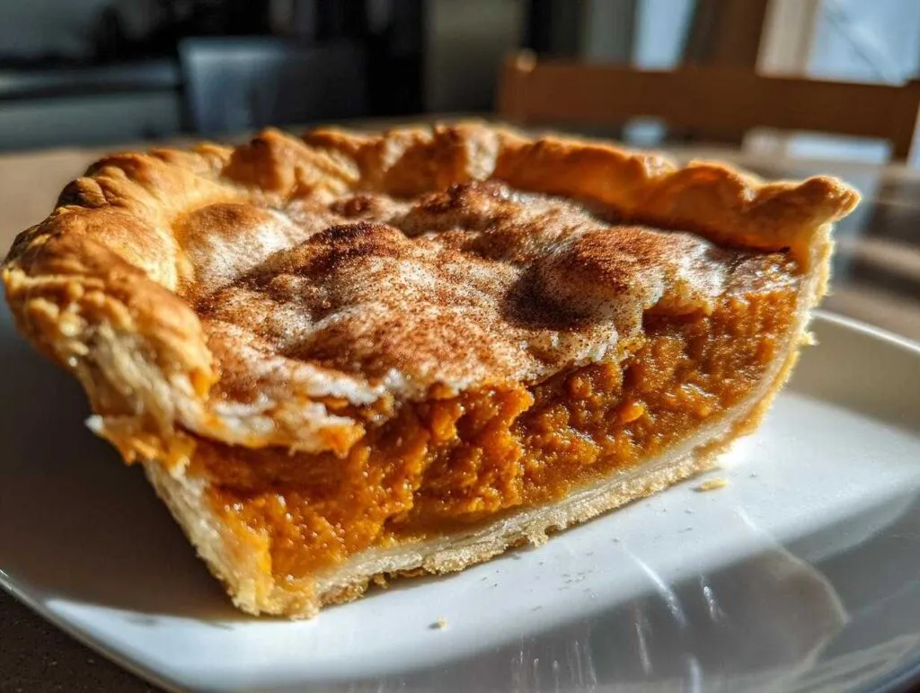 A close-up slice of amazing sweet potato cobbler showing the rich orange filling and flaky crust dusted with cinnamon.