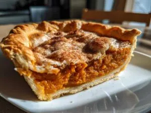 A close-up slice of amazing sweet potato cobbler showing the rich orange filling and flaky crust dusted with cinnamon.