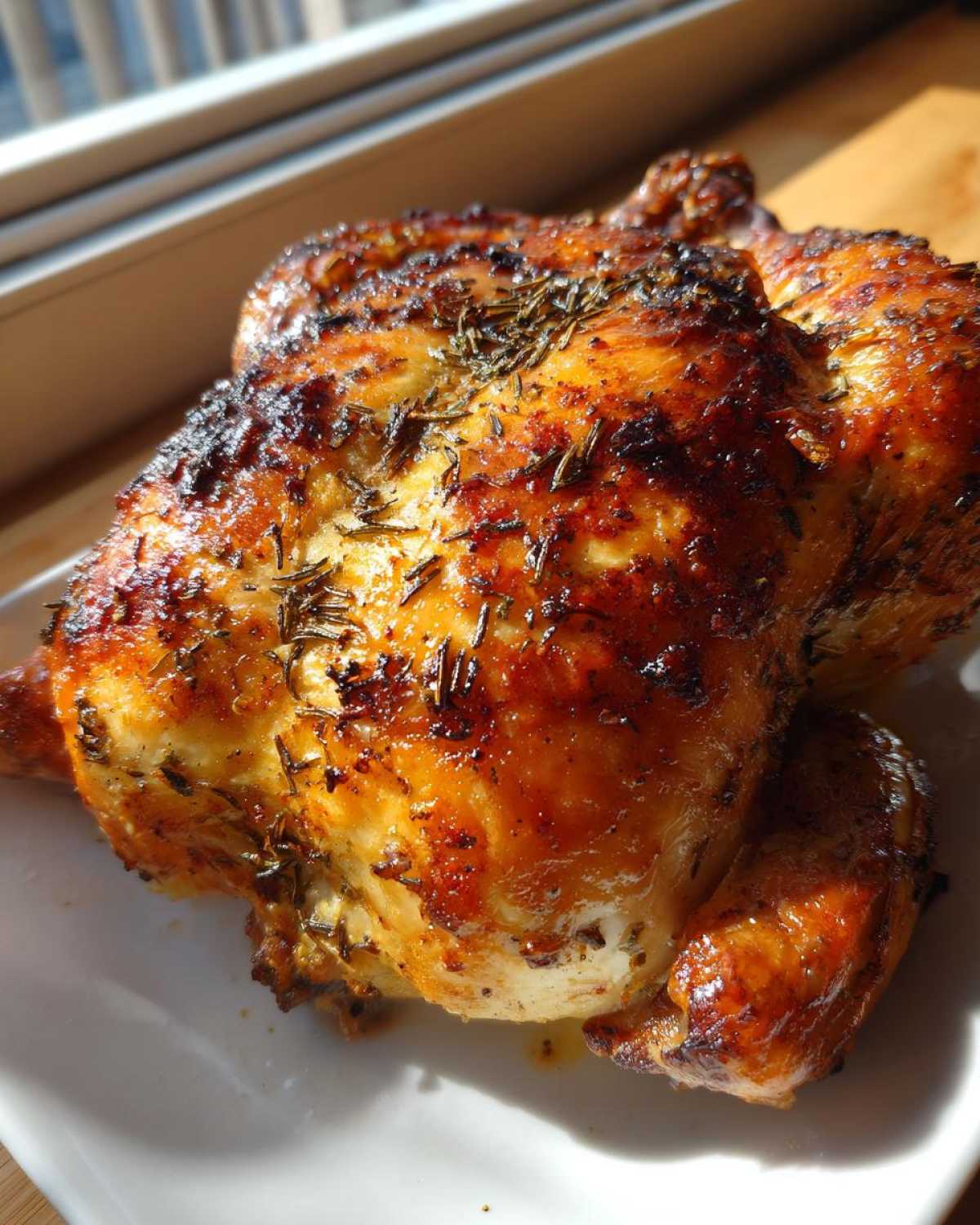 A beautifully roasted whole chicken with golden-brown, crispy skin seasoned with herbs, resting on a white plate.